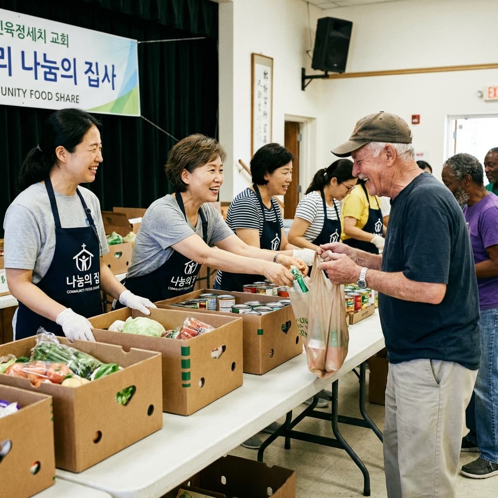 푸드뱅크 자원봉사자들이 식품을 정리하는 모습